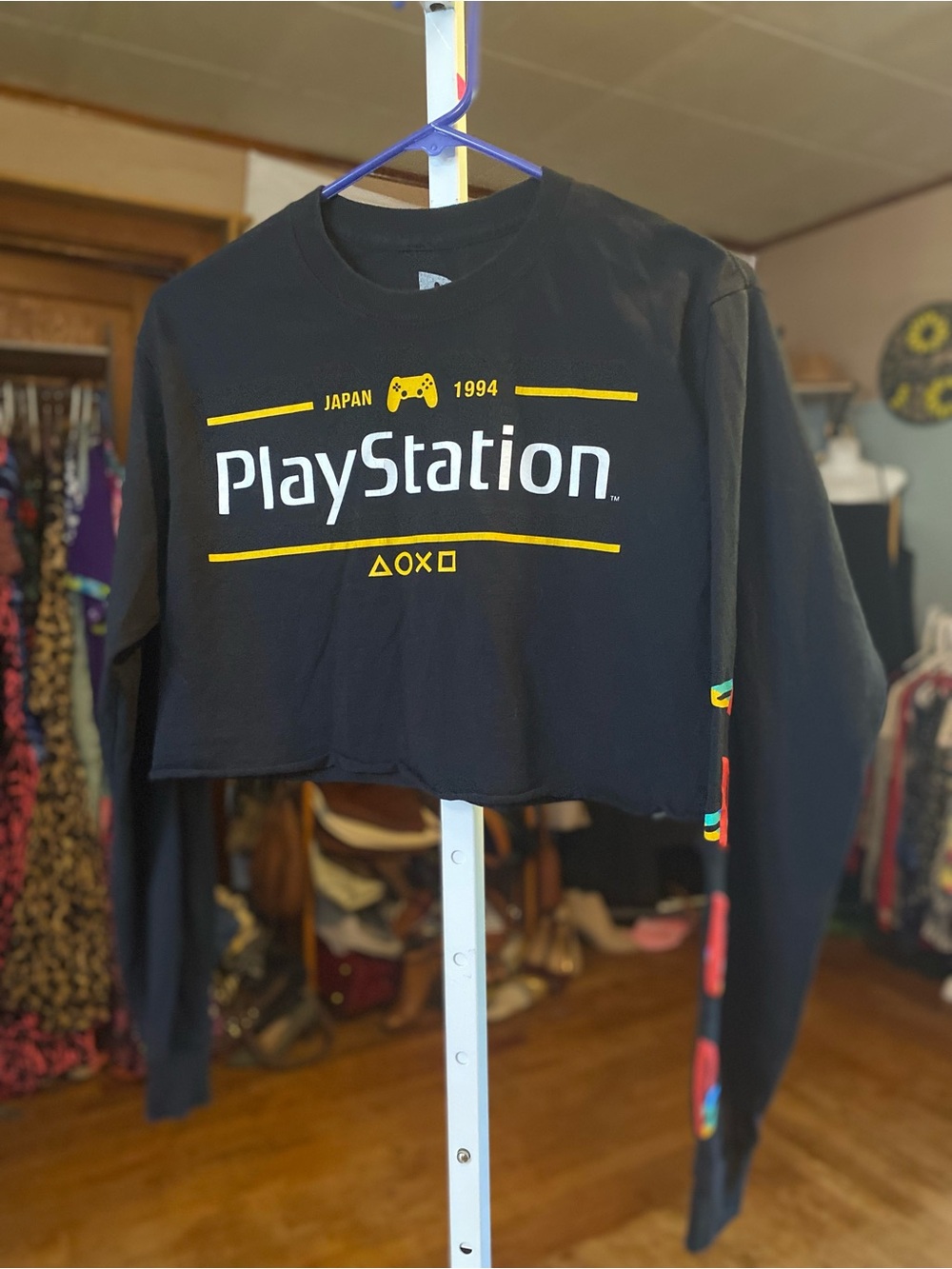 Sony PlayStation Black Crop Graphic Long-Sleeve Tee with Yellow Accent